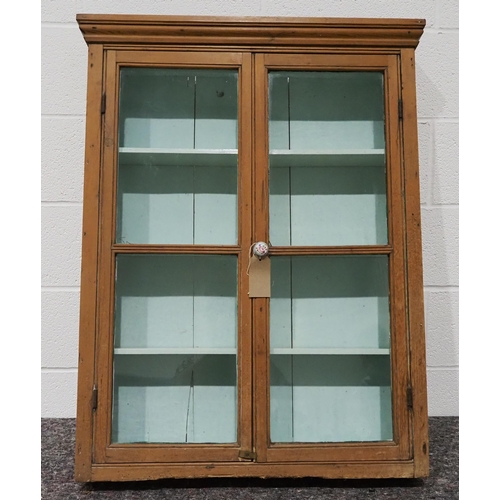 437 - Pine wall hanging cabinet with glass doors and shelves 40