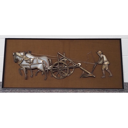 287 - Metal artwork on board of farmer and horses with plough 24