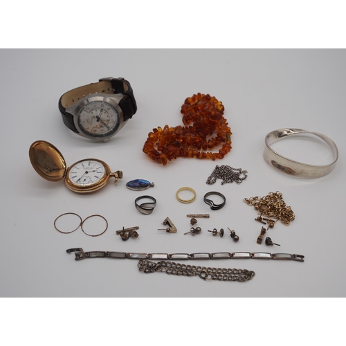 258 - Selection of jewellery to include 2 silver brackets, necklaces, rings, pocket watch and amber neckla... 