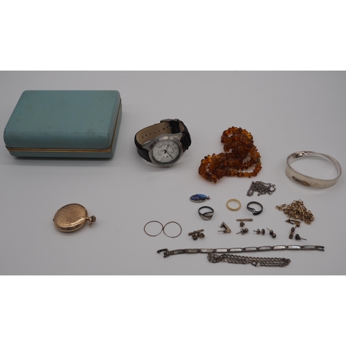 258 - Selection of jewellery to include 2 silver brackets, necklaces, rings, pocket watch and amber neckla... 