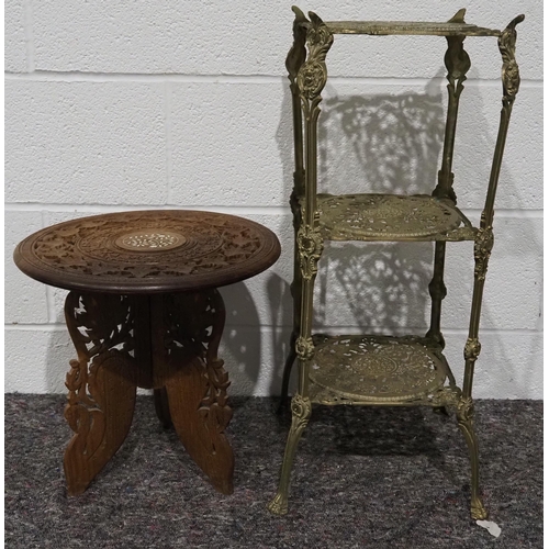 425 - 3 Tier brass stand and small wooden table