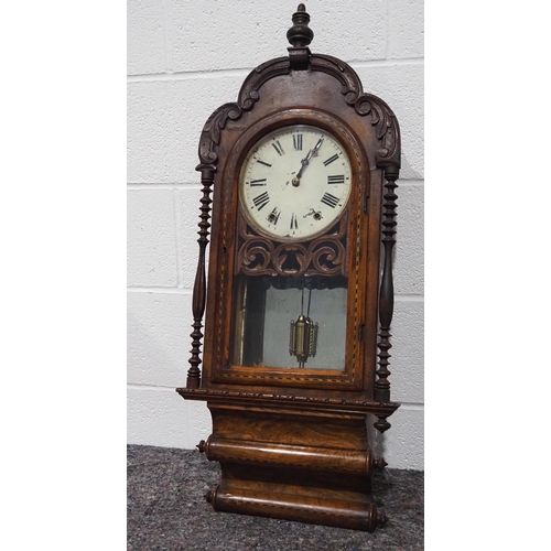 282 - Antique mahogany wall clock with enamel face and scroll design bottom