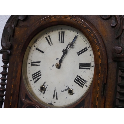 282 - Antique mahogany wall clock with enamel face and scroll design bottom