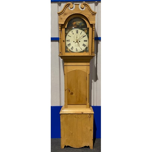 456 - Mid 19th century pine long case clock with painted enamel face marked Thomas Evans, Cardigan. In wor... 