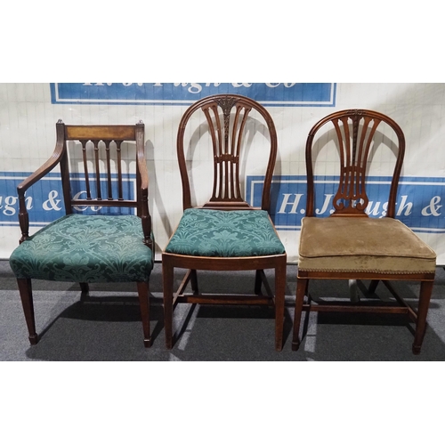 469 - Upholstered arm chair and 2 dining chairs