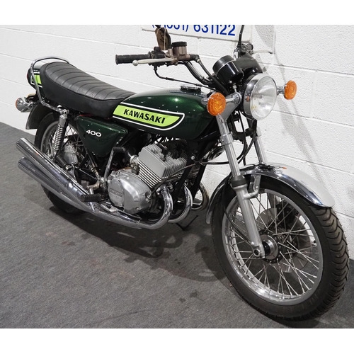 828 - Kawasaki S3A 400 motorcycle. 1974. 400cc.
Frame No. S3F-20148
Engine No. S3E19657
From a private col... 