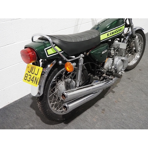 828 - Kawasaki S3A 400 motorcycle. 1974. 400cc.
Frame No. S3F-20148
Engine No. S3E19657
From a private col... 
