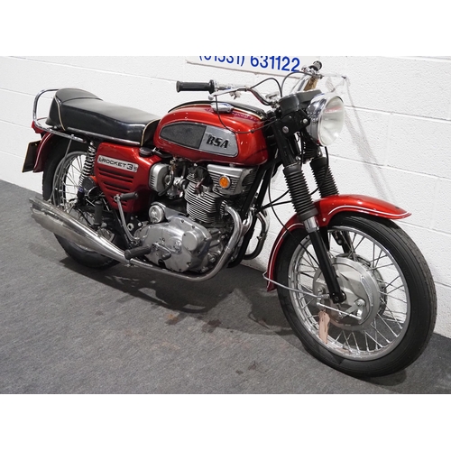 845 - BSA A75 Rocket III mk. 1 motorcycle. 1969. 750cc.
Frame No-CC02339A75R
Engine No-CC02339A75R
Part of... 