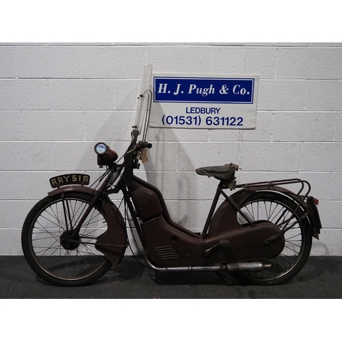 920 - New Hudson moped project. 98cc. 1957
Barn find
Engine turns over. 
Reg. RRY 516. C/w Old buff log bo... 