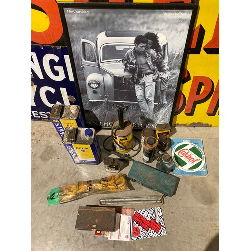 33 - Bottle jack, waxoyl pump, oil cans, workshop manuals and framed print 