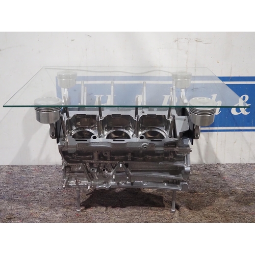 240 - Glass topped coffee table with Alfa Romeo V6 alloy engine