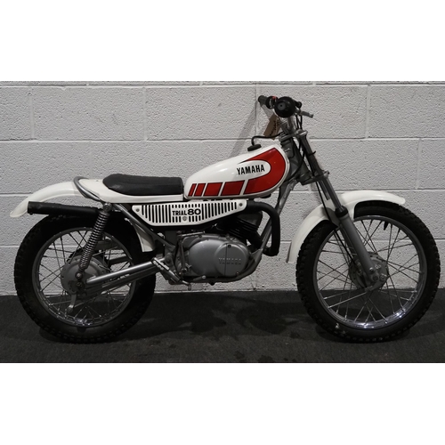 1017 - Yamaha TY80 trials bike. 
Frame No. 107879
Engine No. 107879
Runs and rides but will require some re... 