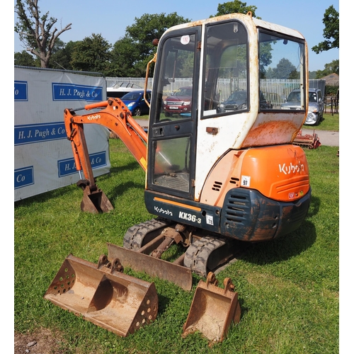 1762 - Kubota KX36-3 mini digger. Working order, c/w buckets, showing 2720 hours. Key in office