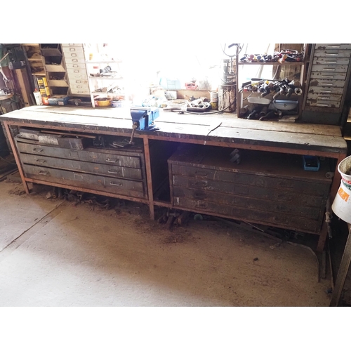 212 - Metal frame workbench 10ft with vice and contents