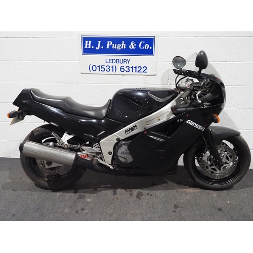 1046 - Yamaha FZR1000 motorcycle. 1988. 989cc. 
Needs recommissioning. 
Reg. E183 CVU. V5 and keys