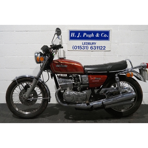1064 - Suzuki GT550 motorcycle. 1975. 553cc. 
Frame No. GT550-61615
Engine No. 64762
Runs and rides. 
Reg. ... 