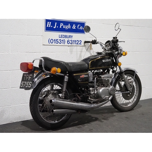 999A - Suzuki GT380 motorcycle. 1977. 371cc.
Runs and rides, ridden 30 miles to the sale room. Reg. TPF 575... 