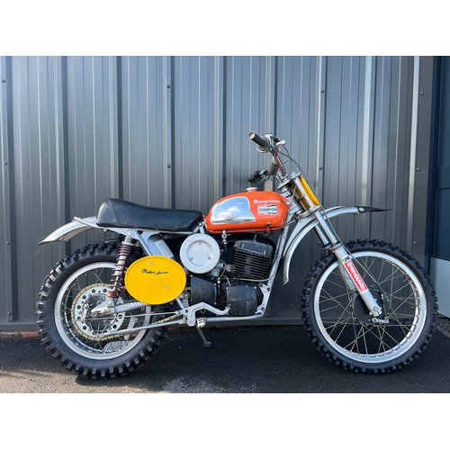 1002A - Husqvarna CR450 motorcycle. 1972. 450cc.
Number board signed by Malcolm Smith and featured in classi... 