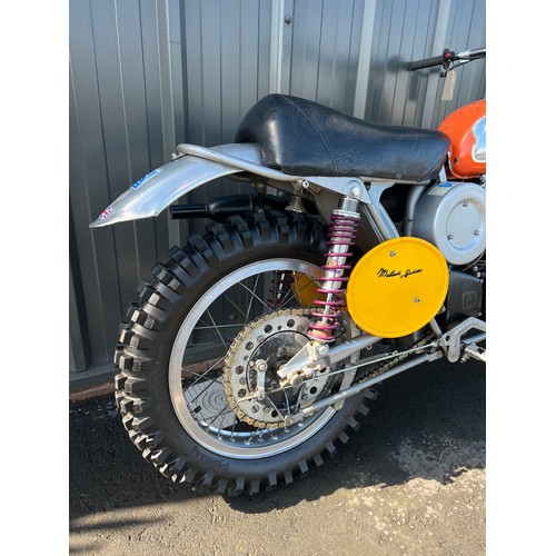 1002A - Husqvarna CR450 motorcycle. 1972. 450cc.
Number board signed by Malcolm Smith and featured in classi... 