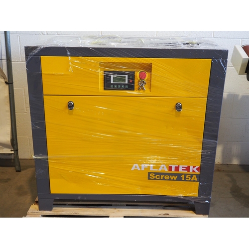 199 - Afla Tek screw 15a, 11kw air compressor, brand new in box with manufactured date of March 2023. 3 Ph... 