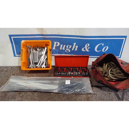 166 - Quantity of spanners, helicoil set, heavy duty cable ties and rope
