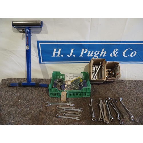 267 - Record Power chuck, Record roller stand and assorted spanners to include King Dick