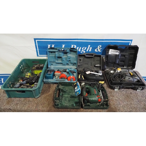 382 - Assorted power tools to include hammer drill, Makita drill, jigsaw etc.