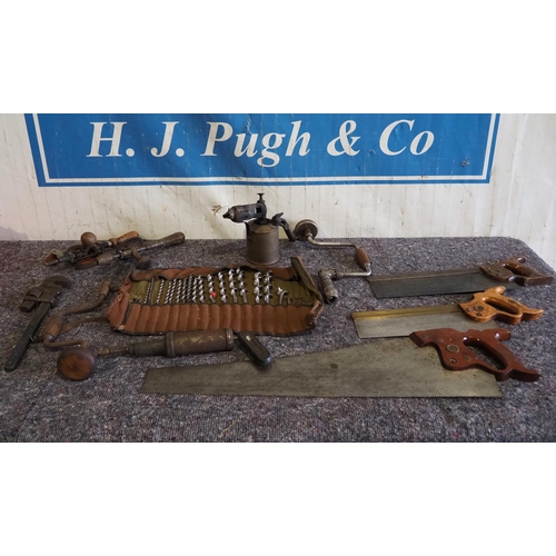 405 - Vintage saws, hand drills, bits and braces  and blow torch