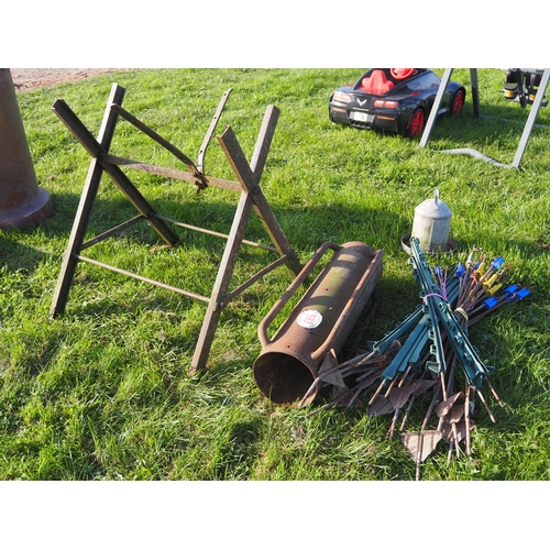 583 - Log bench, post rammer and electric fence posts