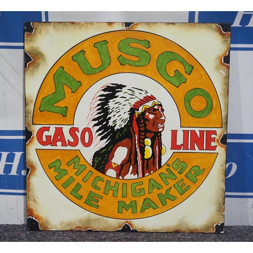 791 - Reproduction of an original enamel sign, hand painted onto board - Musgo Gasoline 31