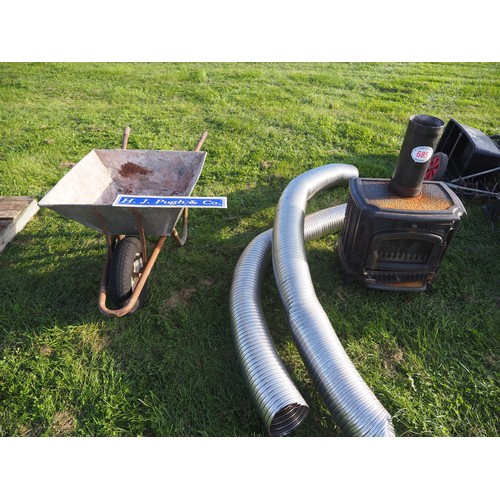 685 - Wood burner, flue pipe and wheelbarrow