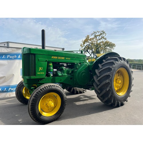 783 - John Deere 70 diesel tractor. 1954. Brass tag serial no. 7038251. Power steering, back tyres as new,... 