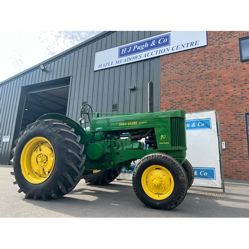 783 - John Deere 70 diesel tractor. 1954. Brass tag serial no. 7038251. Power steering, back tyres as new,... 