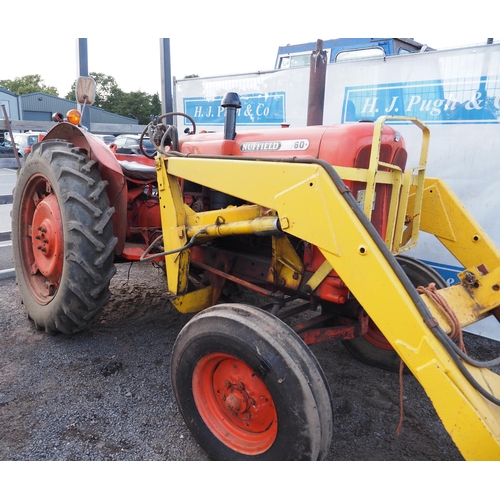 755 - Nuffield 10/60 tractor with loader and roll bar. 1965. Showing 7289 hours, c/w muck fork and bucket.... 