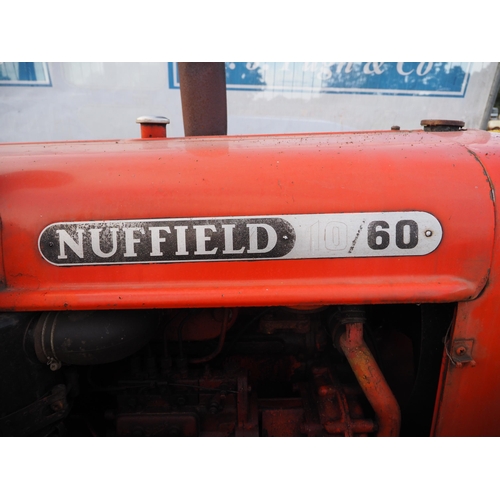 755 - Nuffield 10/60 tractor with loader and roll bar. 1965. Showing 7289 hours, c/w muck fork and bucket.... 