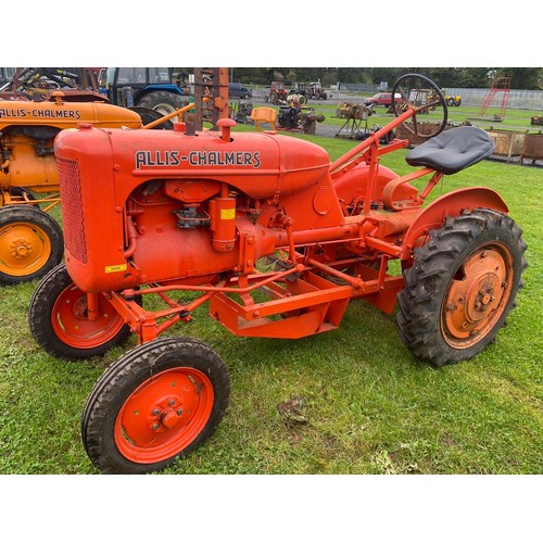 Allis Chalmers B tractor. C/w centre mower. Starting handle in office