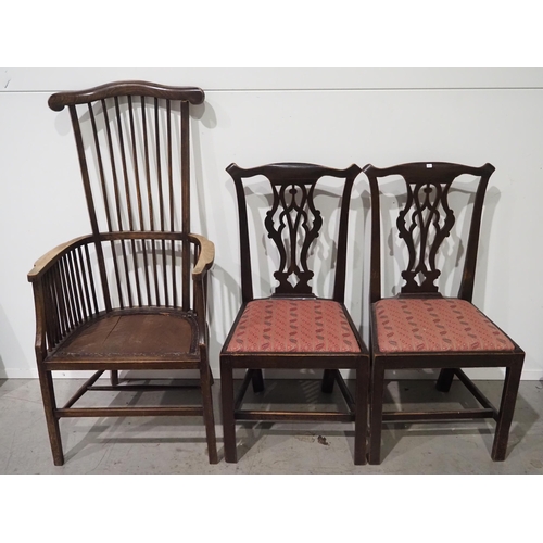 321 - Antique stick back armchair and 2 Chippendale style dining chairs