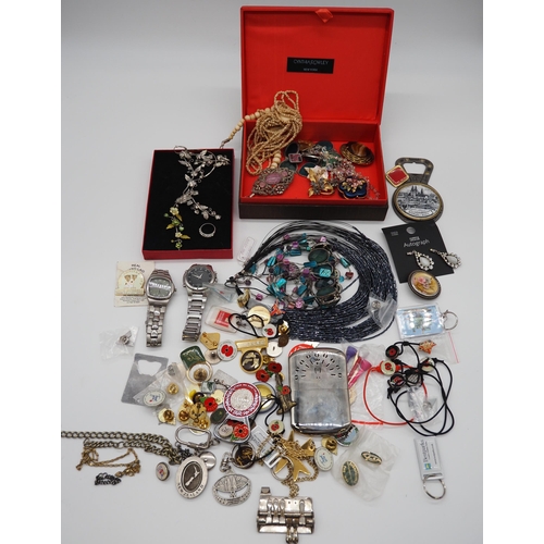 154 - Quantity of costume jewellery to include watches, necklaces, brooches and badges