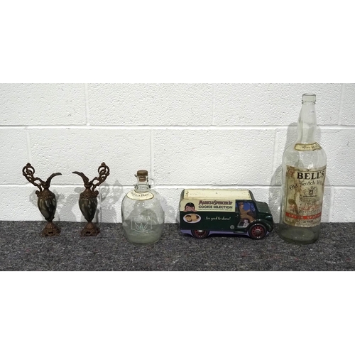 12 - Large Bells Whiskey bottle, biscuit tin and pair of marble and brass ornamental ewers 10