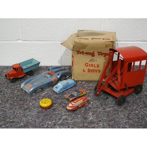 2 - Tin plate toys to include Triang crane, lorry, racing car, police car, yo-yo, etc.