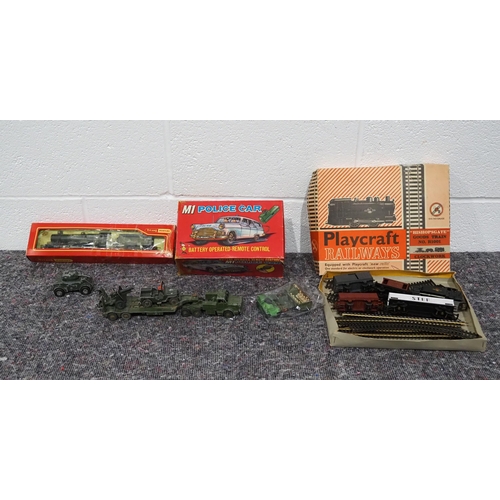 3 - Triang Hornby train, boxed train set, military toy vehicles and toy police car