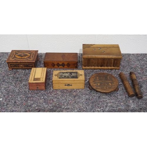 49 - Inlaid jewellery puzzle box, money box, needle cases, wood stand and other boxes
