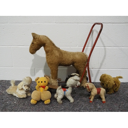 45 - Vintage horse baby walker and assorted vintage soft toys