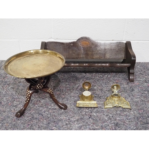 42 - Antique inlaid oak book trough, brass tray with meerkat stand and brass inkwells - 2