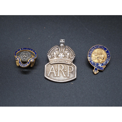 223 - ARP badge, British legion badge and Conservative badge