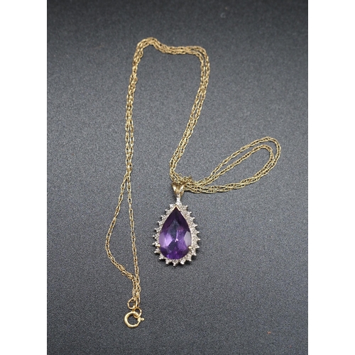 222 - Amethyst and Diamond cluster pendant with 9ct gold chain