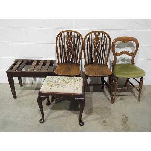 427 - Pair of wheel back chairs, tapestry stool, stand and 1 other chair