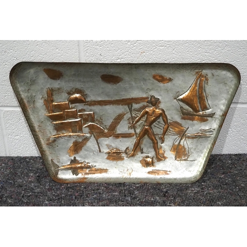 161 - Original hand carved copper platter - Fisherman in Israel by A.N. Oppenheim 12