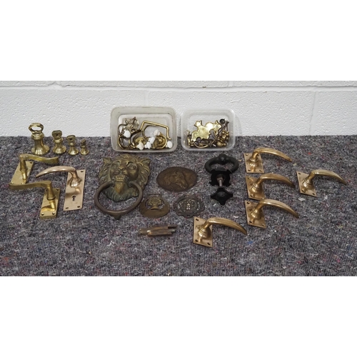 68 - Brass weights, door knockers, brass door handles, etc.