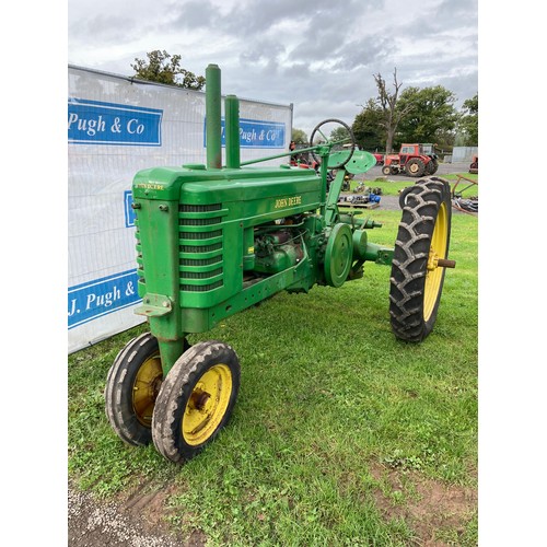 799 - John Deere model B tractor. Restored, runs well, cross pattern tyres. Supplied by Watson & Haig Ando... 